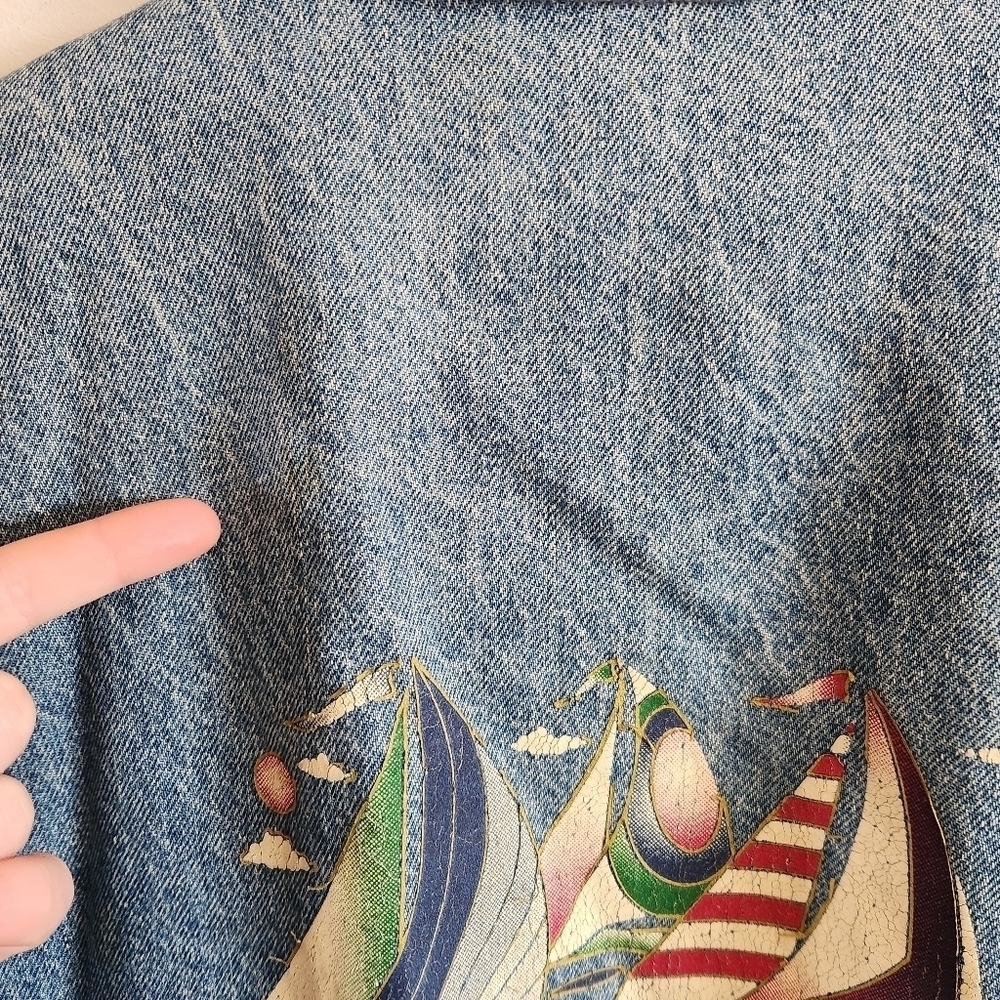 Vintage Varisty Jacket Denim Cotton Maine Blue Cream Large L - Picture 11 of 11